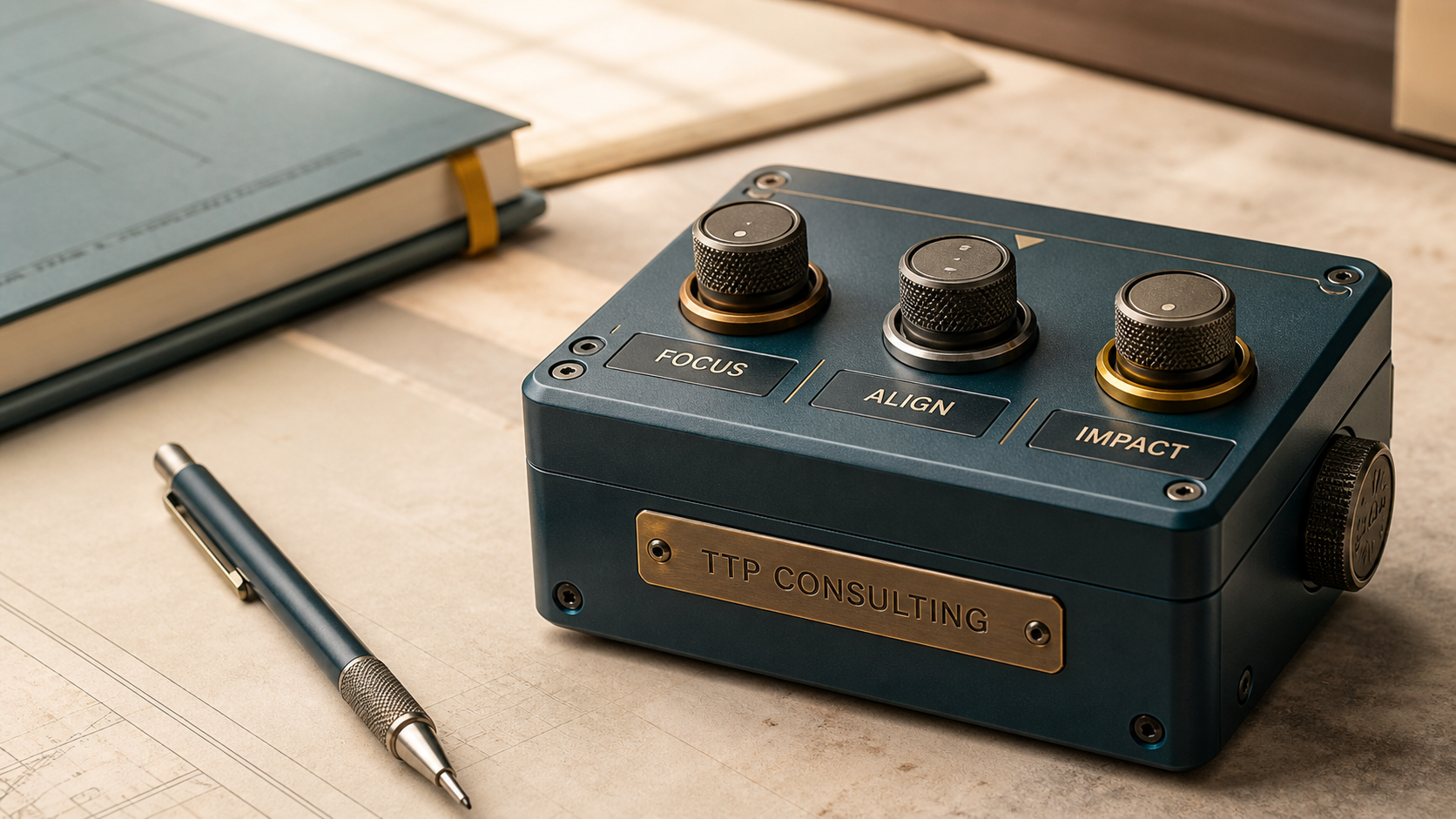 Precision TTP Consulting device on a desk with controls labeled Focus, Align, and Impact.