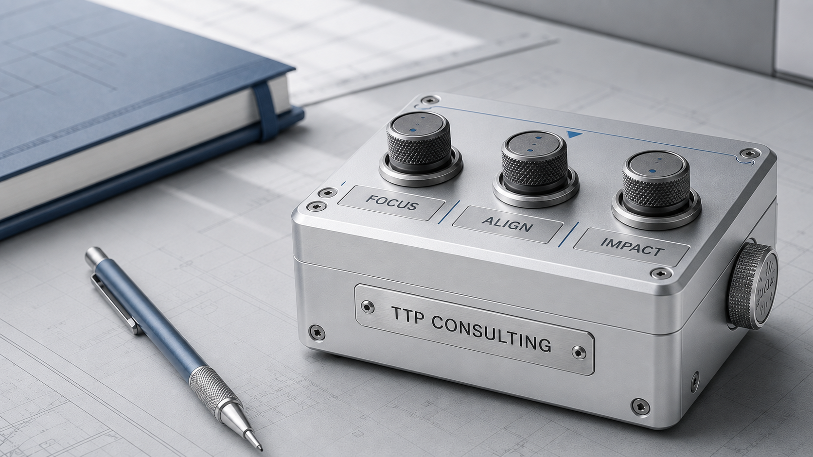 Silver TTP Consulting instrument with three graphite controls labeled Focus, Align, and Impact.